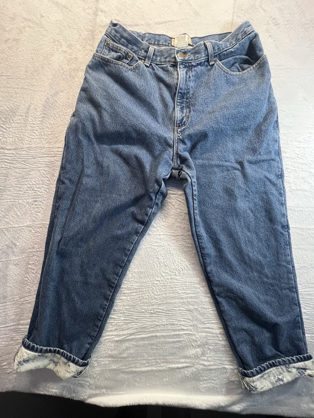 VNT LL Bean Jeans W 16 Regular white & blue Floral Flannel Lined Relaxed Fit